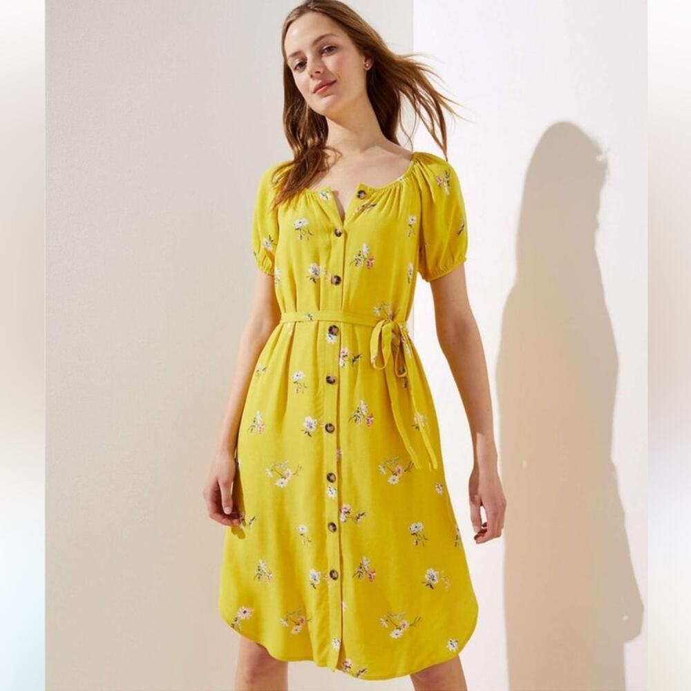 Loft yellow floral dress tie waist spring button front bright summer cheerful 18